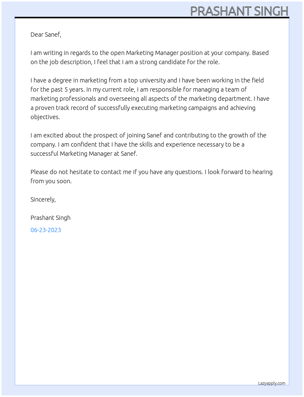 Marketing Manager  At Sanef Cover Letter