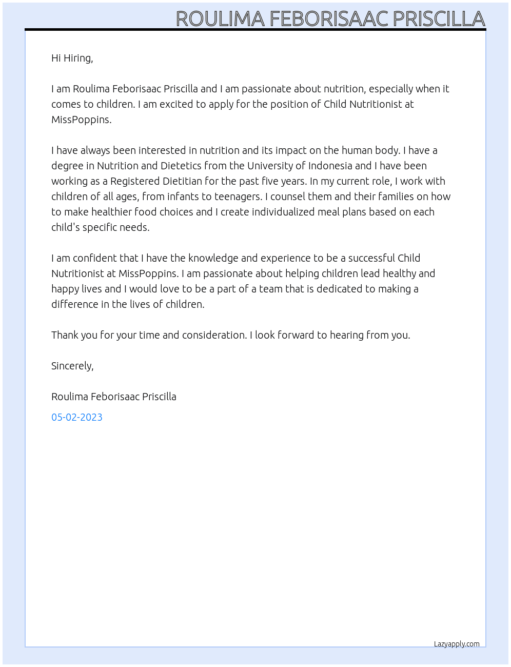Child Nutritionist At MissPoppins Cover Letter