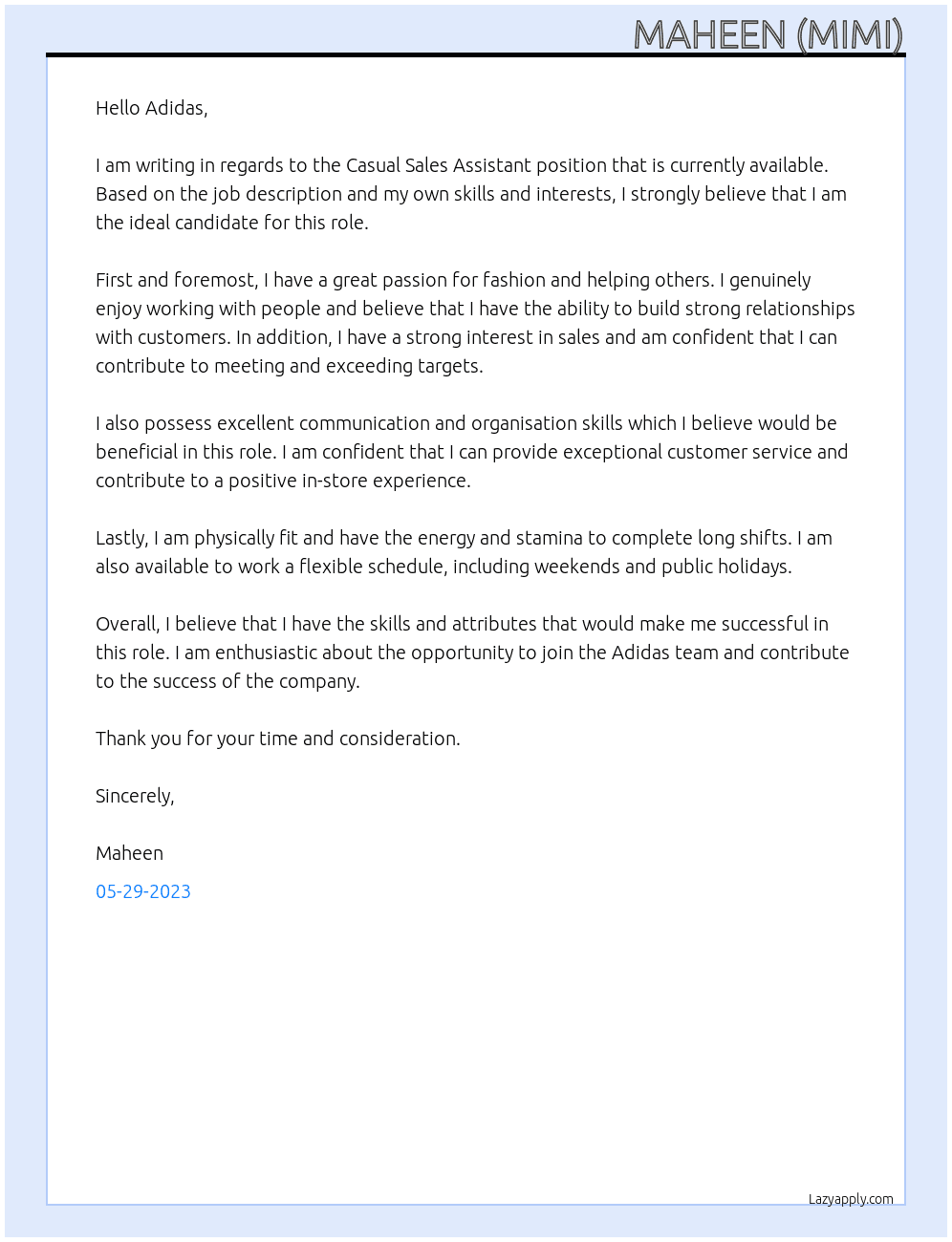 Casual Sales Assistant At Adidas Cover Letter