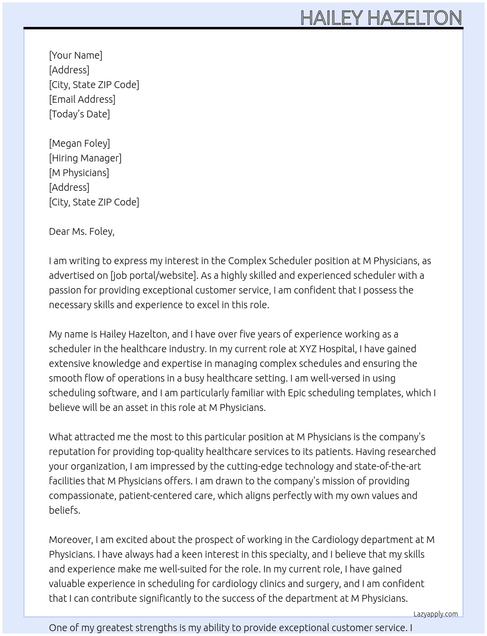 Complex Scheduler At M Physicians  Cover Letter