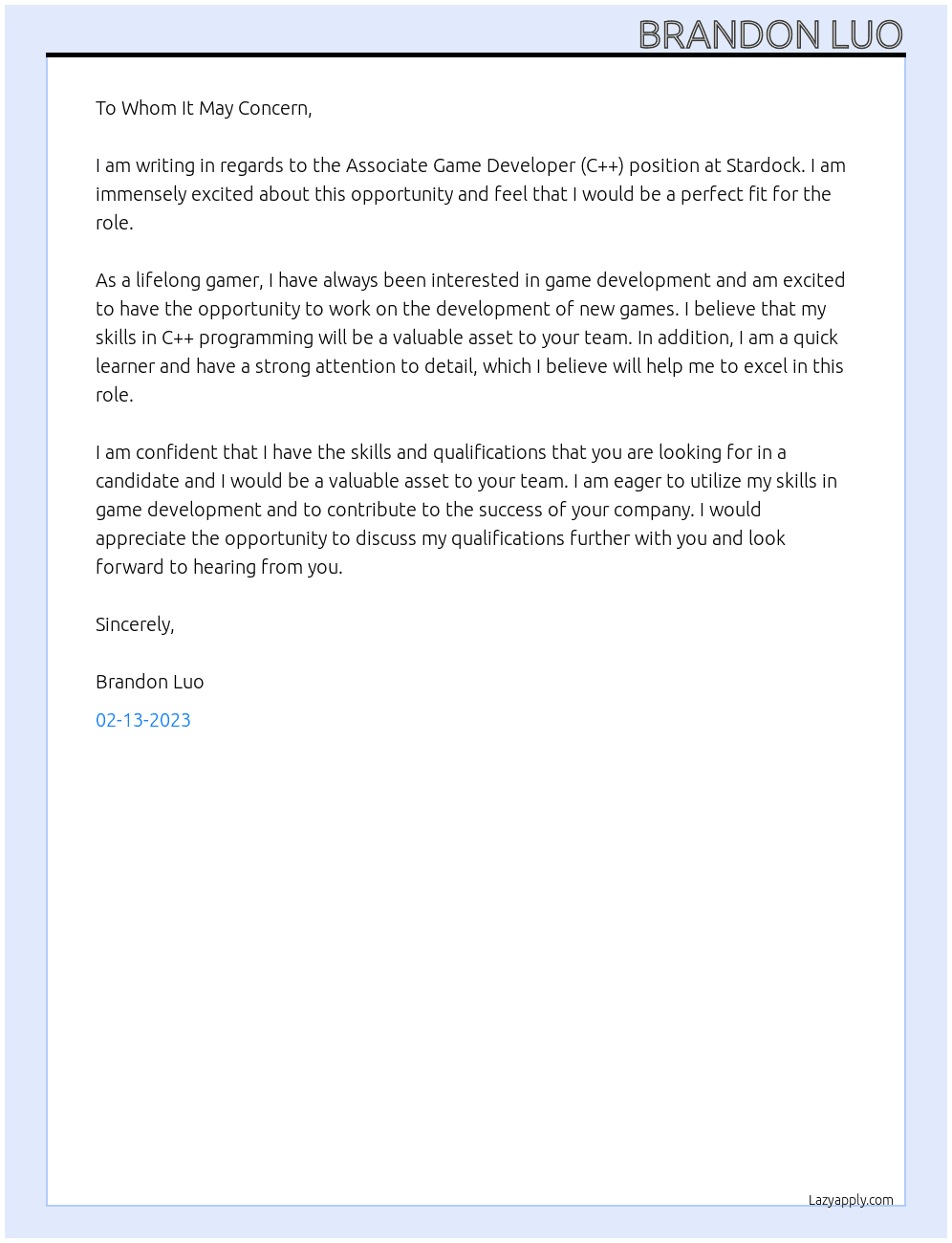Associate Game Developer (C++) At Stardock Cover Letter