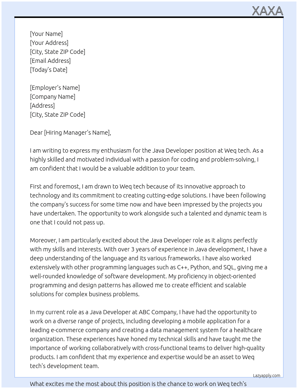 Java Developer  At Weq tech Cover Letter