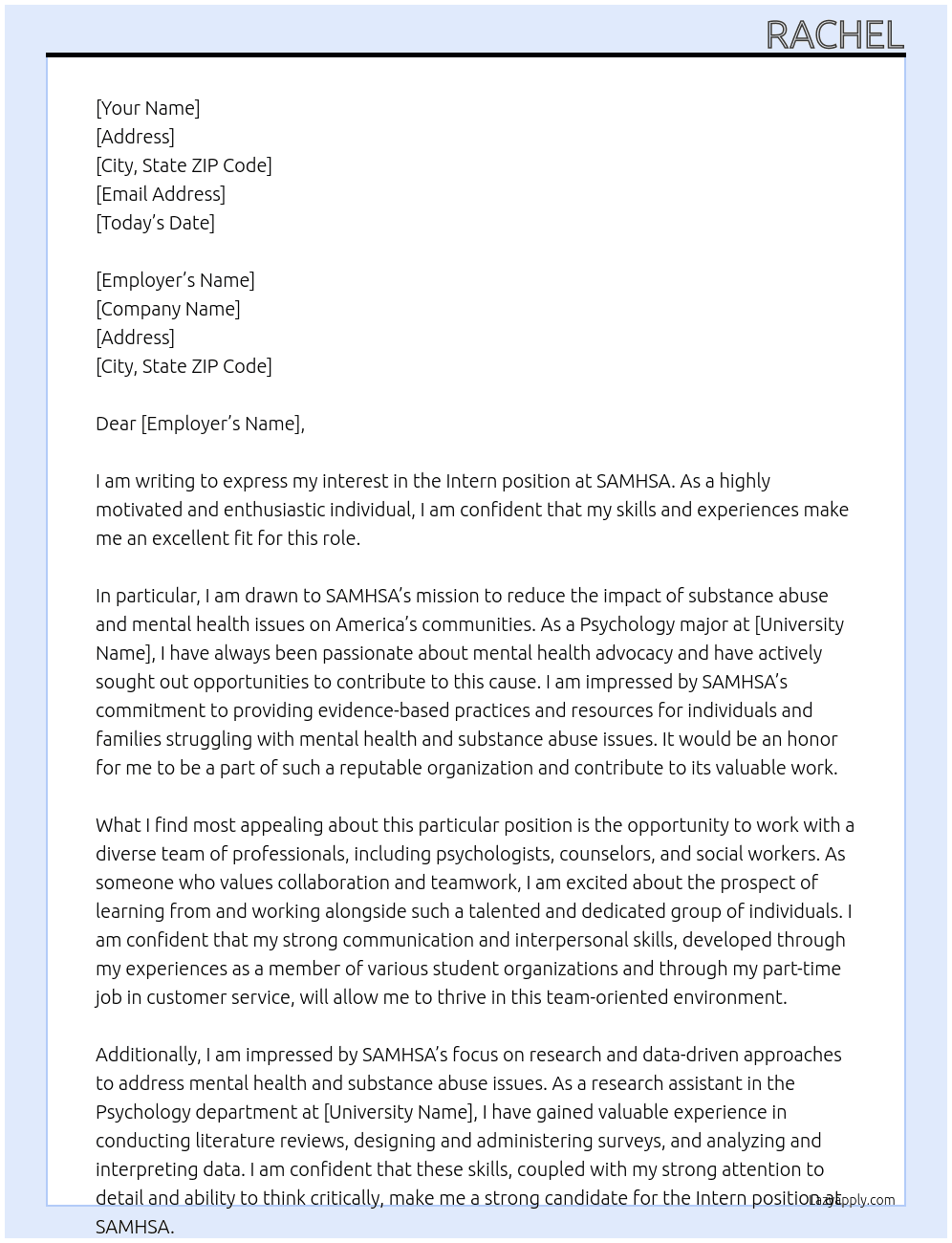 Intern At SAMHSA Cover Letter