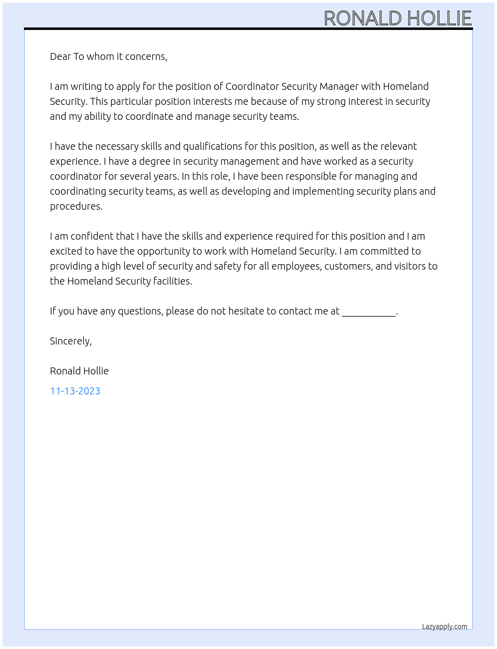 Coordinator Security Manafer At Homeland Security Cover Letter