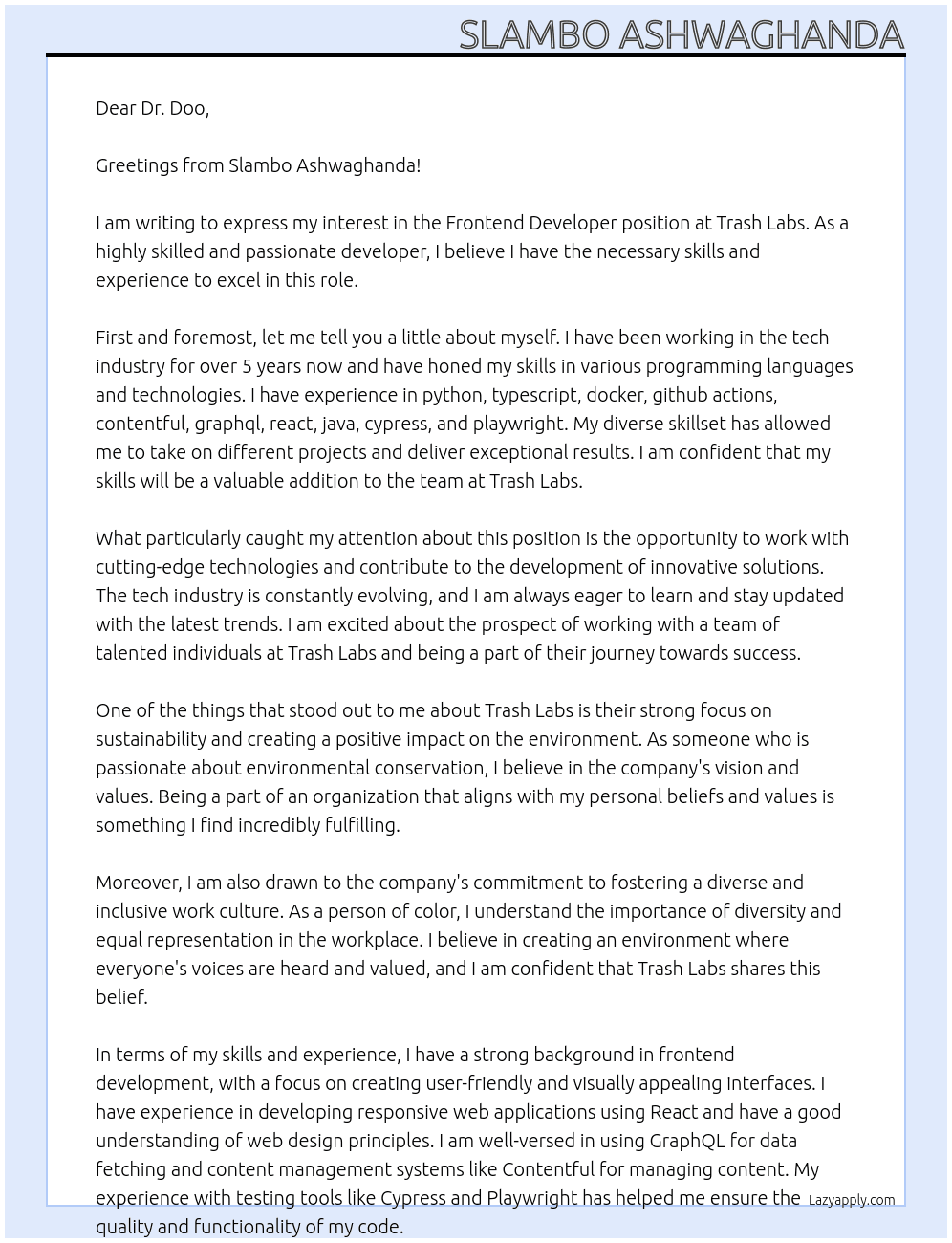 Frontend Developer At Trash Labs Cover Letter