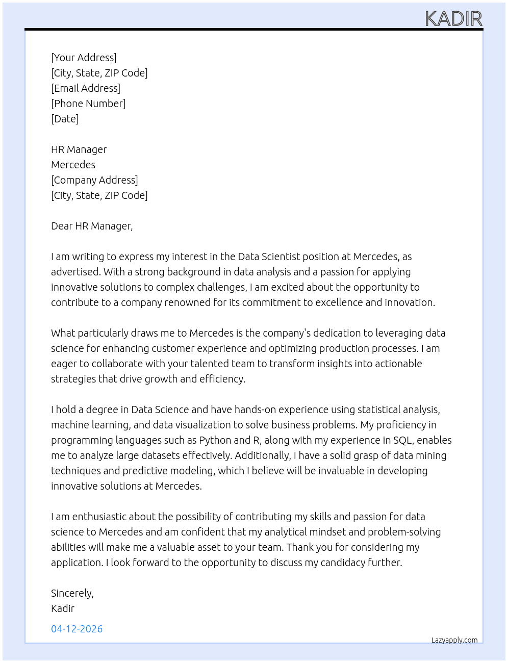 Data scientist At Mercedes Cover Letter