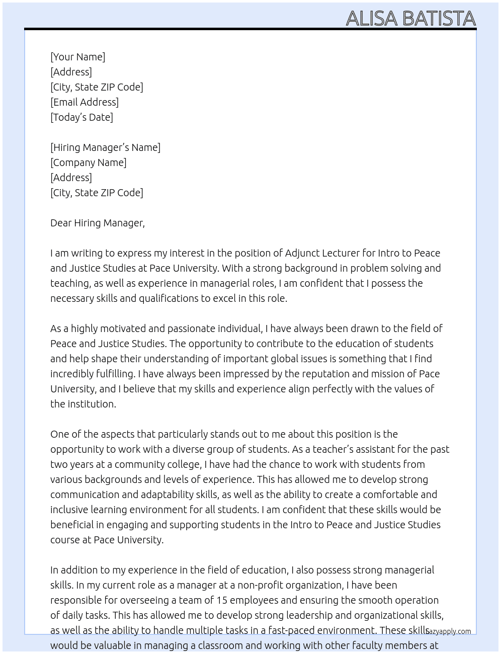 Adjunct Lecturer for Intro to Peace and Justice Studies At Pace University Cover Letter