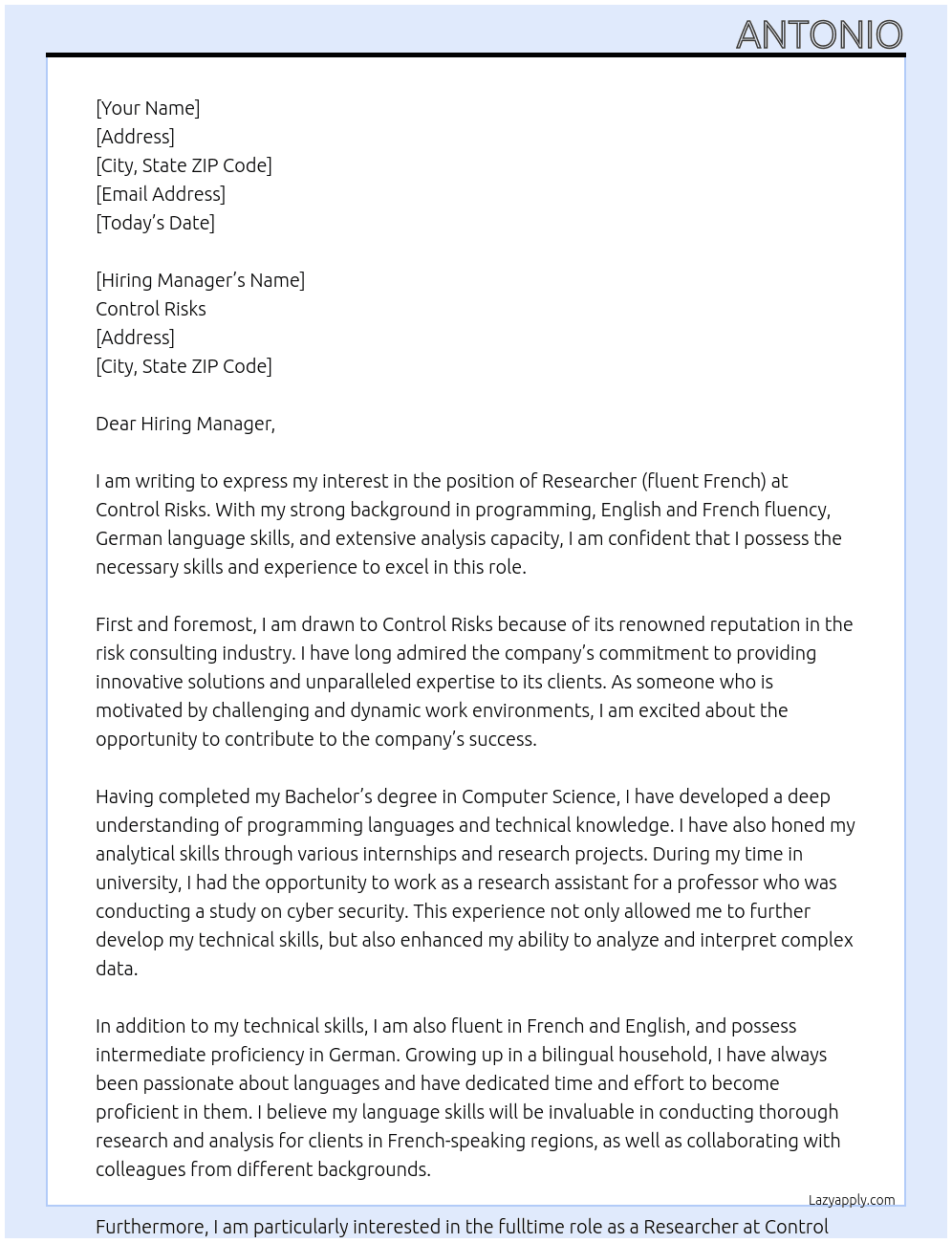 Researcher (fluent french) At Control Risks Cover Letter