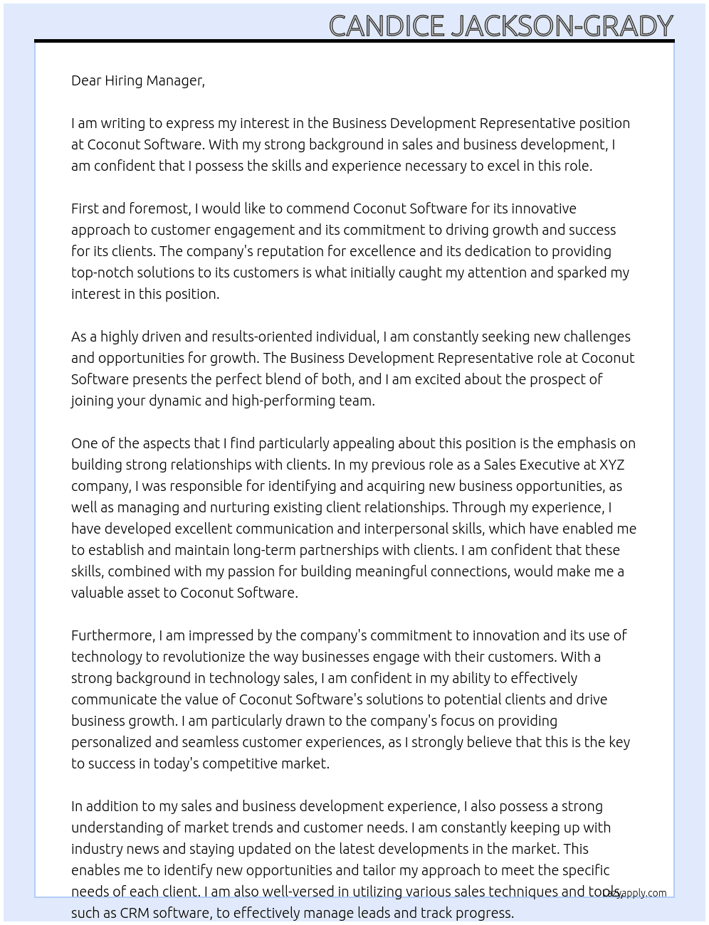 Business Development Representative At Coconut Software Cover Letter