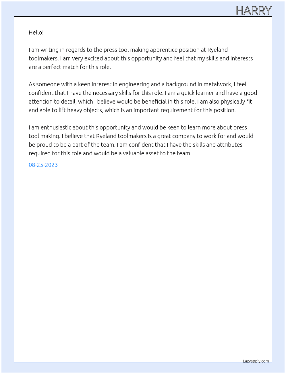 press tool making apprentice At Ryeland toolmakers Cover Letter