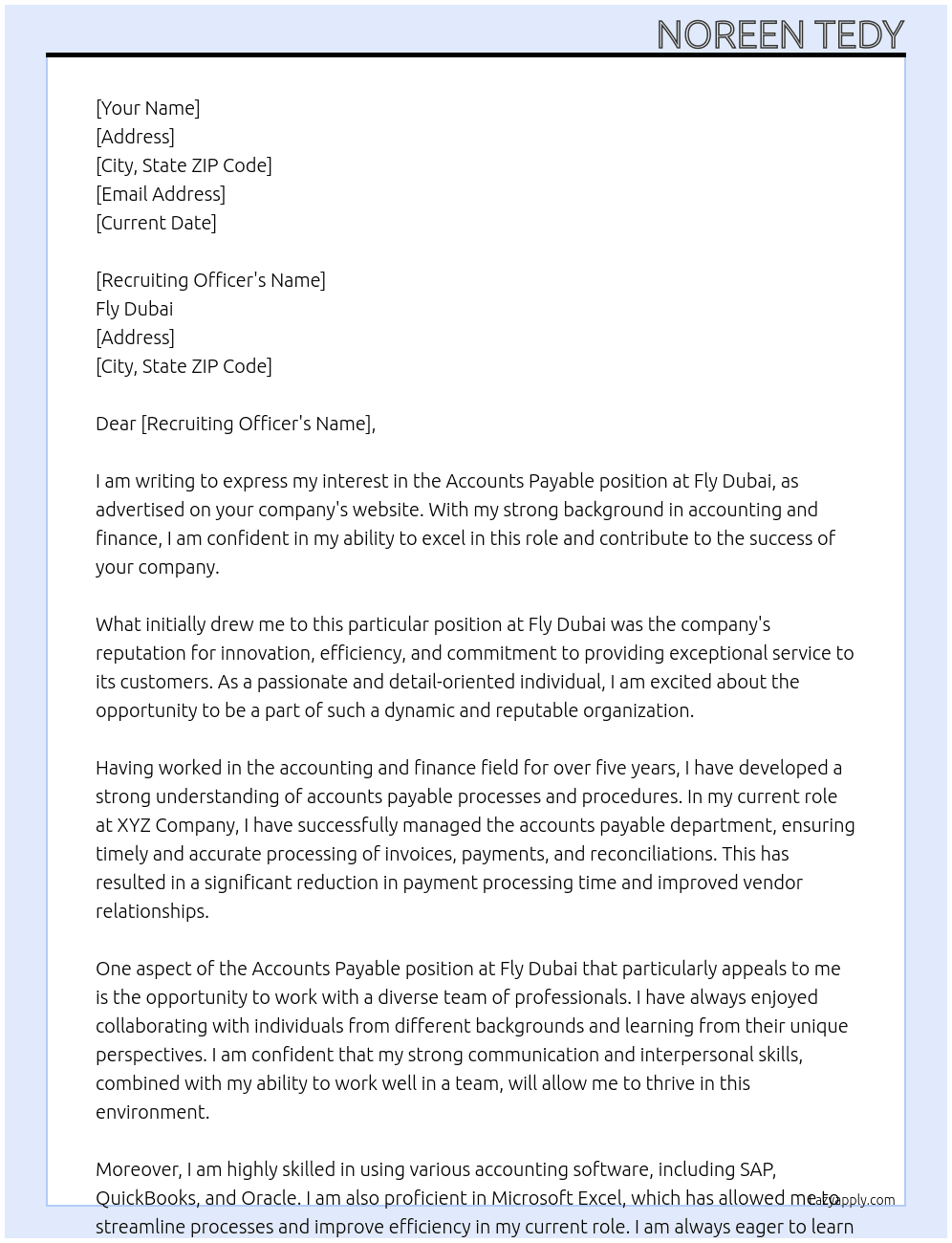 Accounts Payable At Fly Dubai Cover Letter