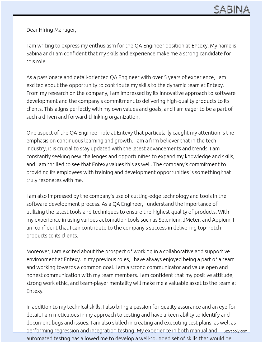 QA Engineer At Entexy Cover Letter