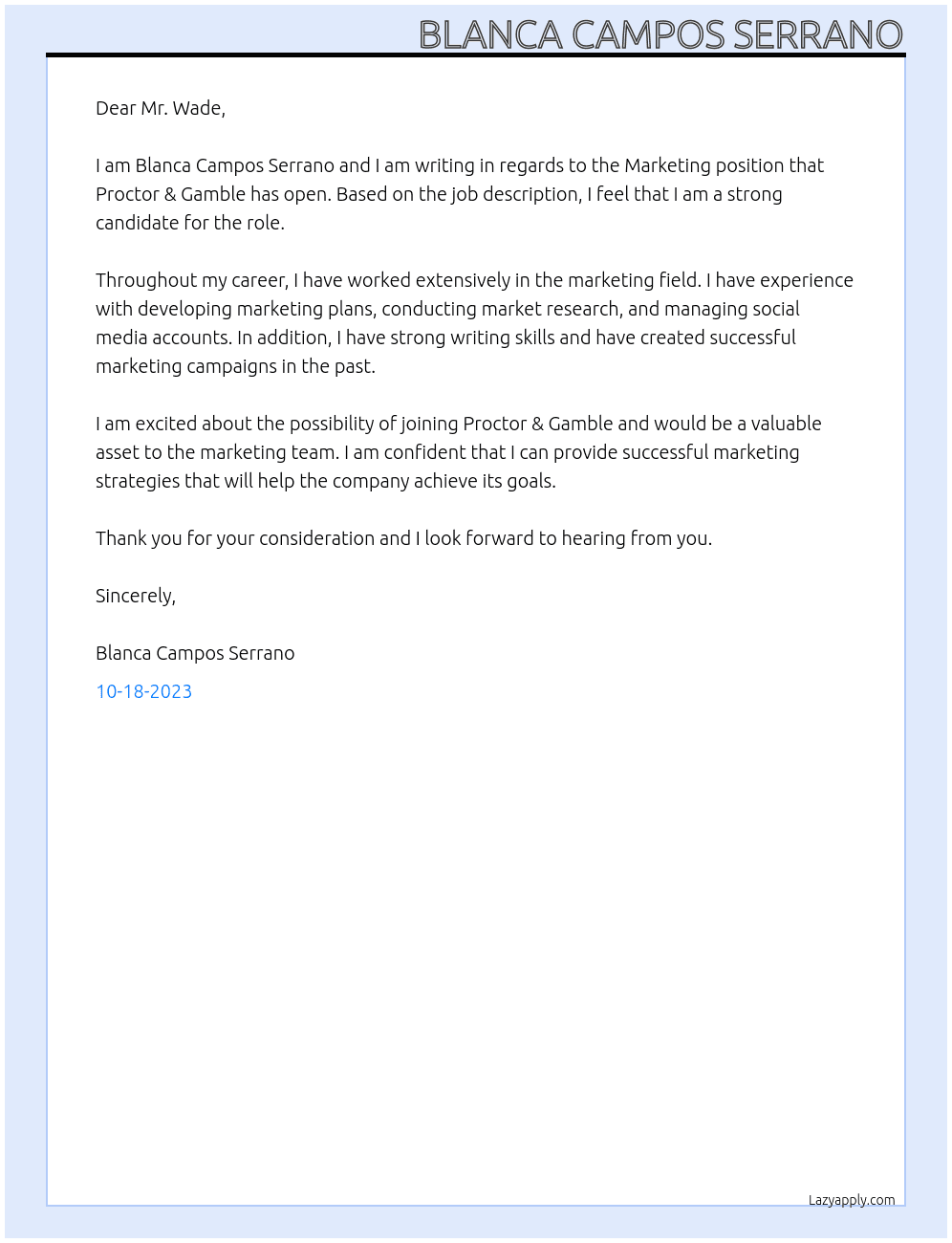 Marketing At Proctor & Gamblie Cover Letter