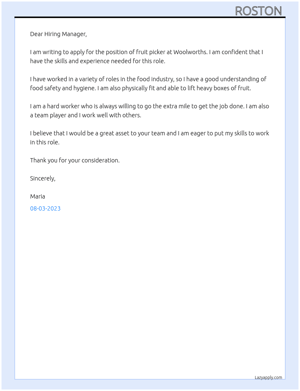 Fruit picker  At Woolworths Cover Letter