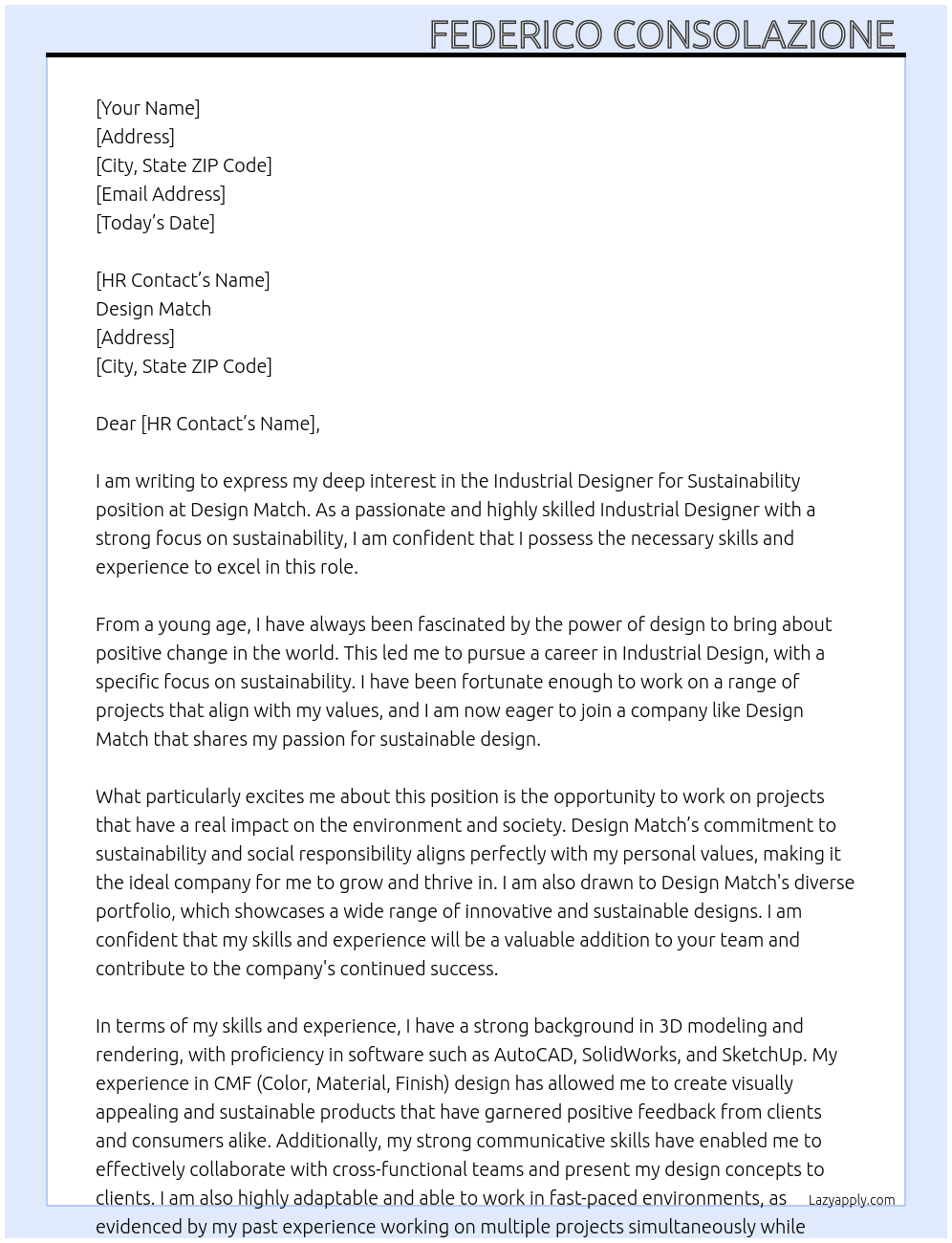 Industrial Designer for Sustainability At Design Match Cover Letter