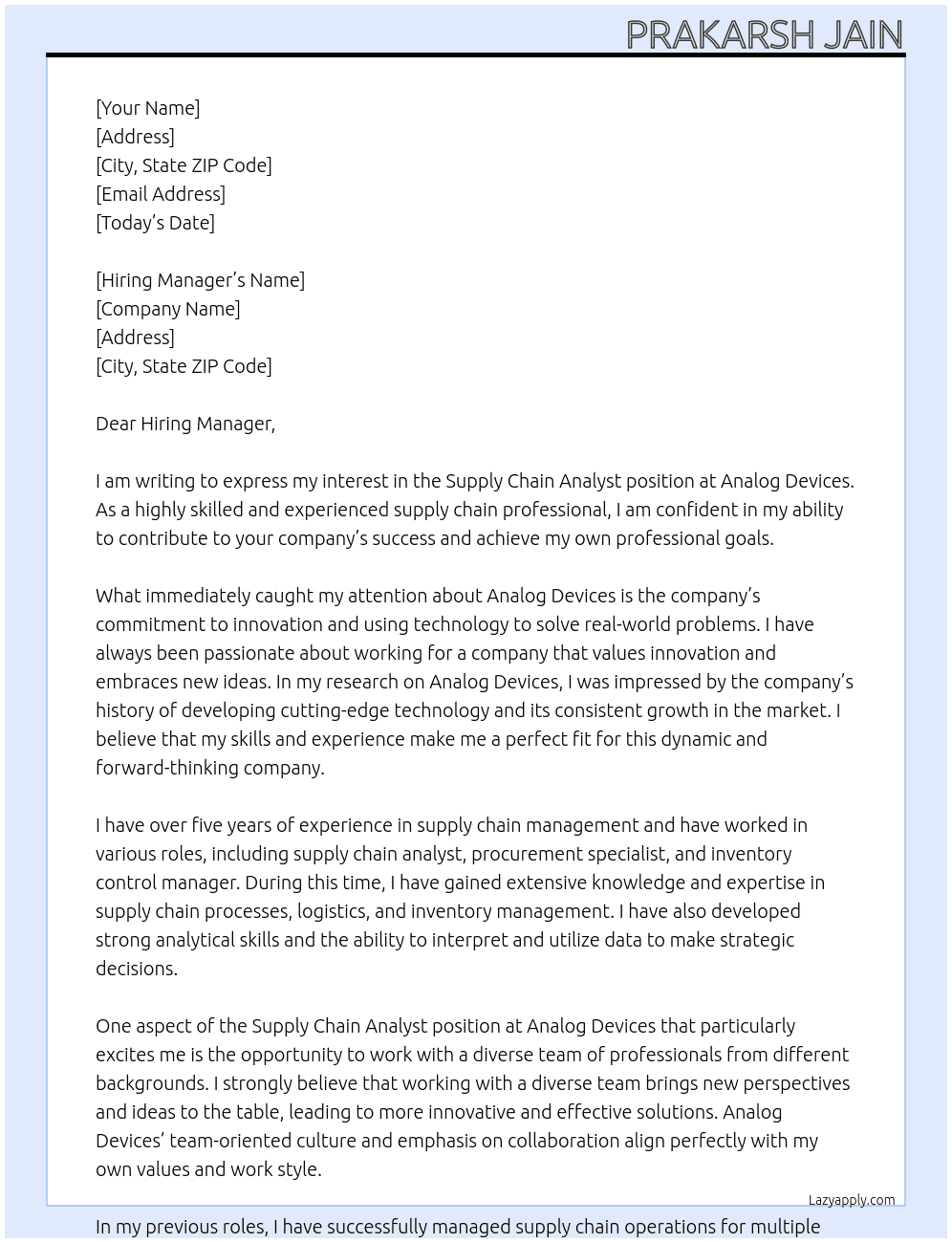 Supply Chain Analyst At Analog Devices Cover Letter
