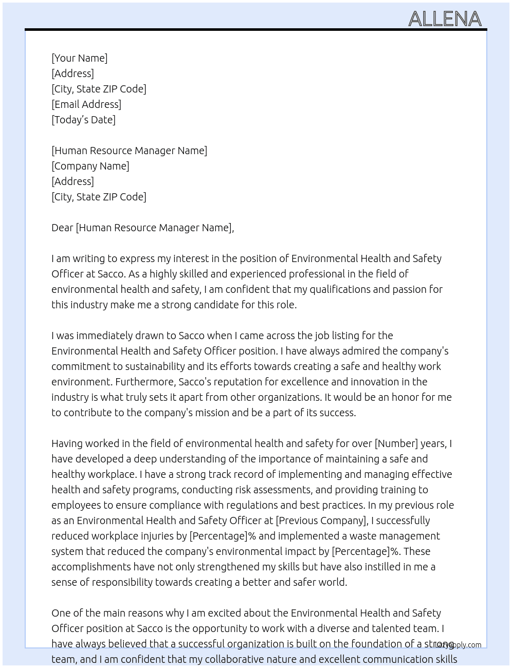 Environmental health and safety officer  At Sacco  Cover Letter