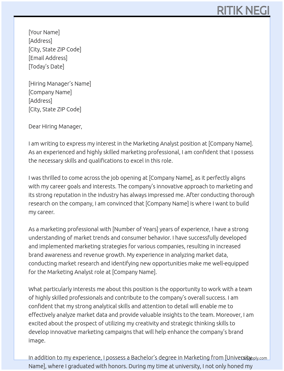 Marketing Analyst At Ritik Negi Cover Letter