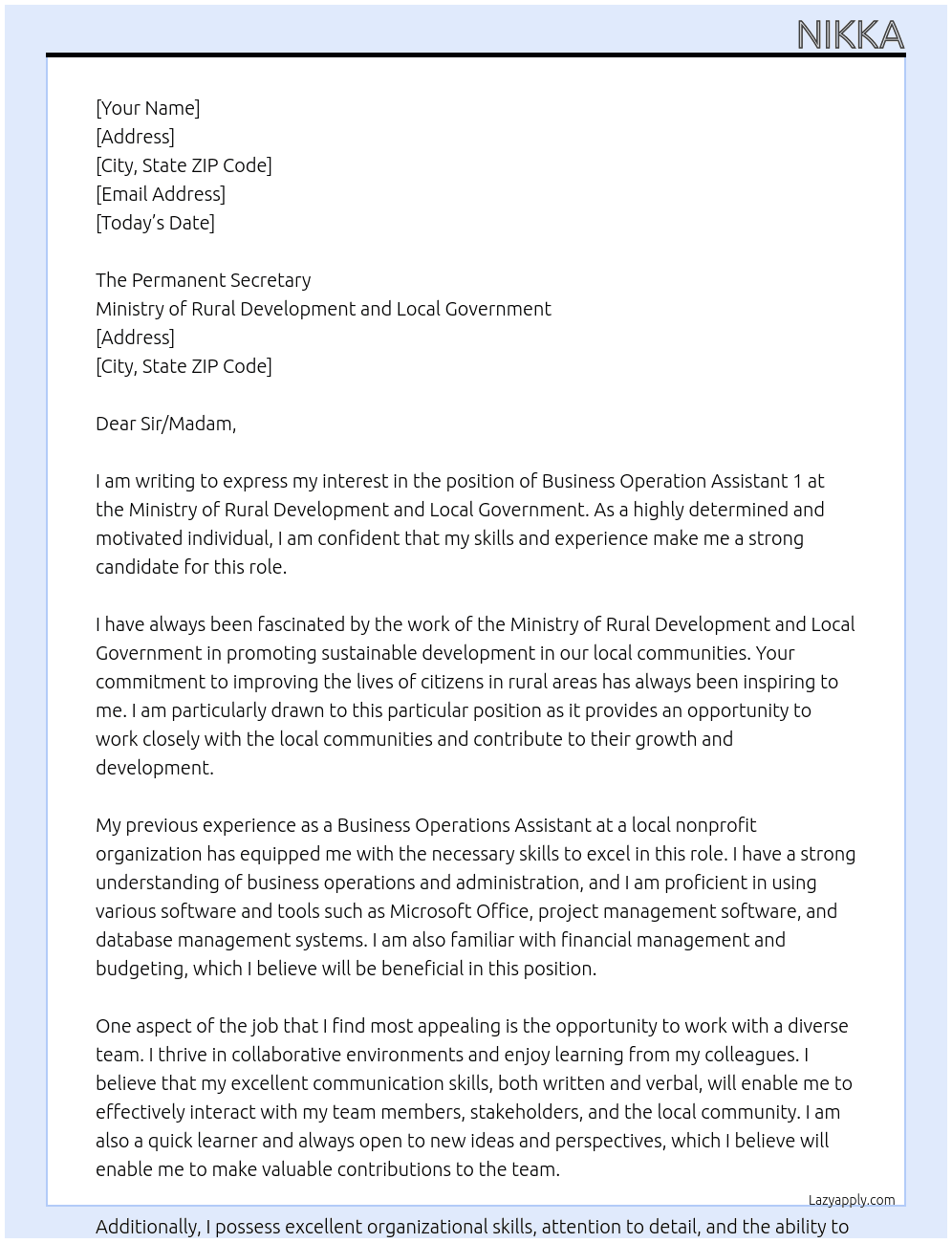 business operation assistant 1 At Ministry of Rural Development and Local Government Cover Letter