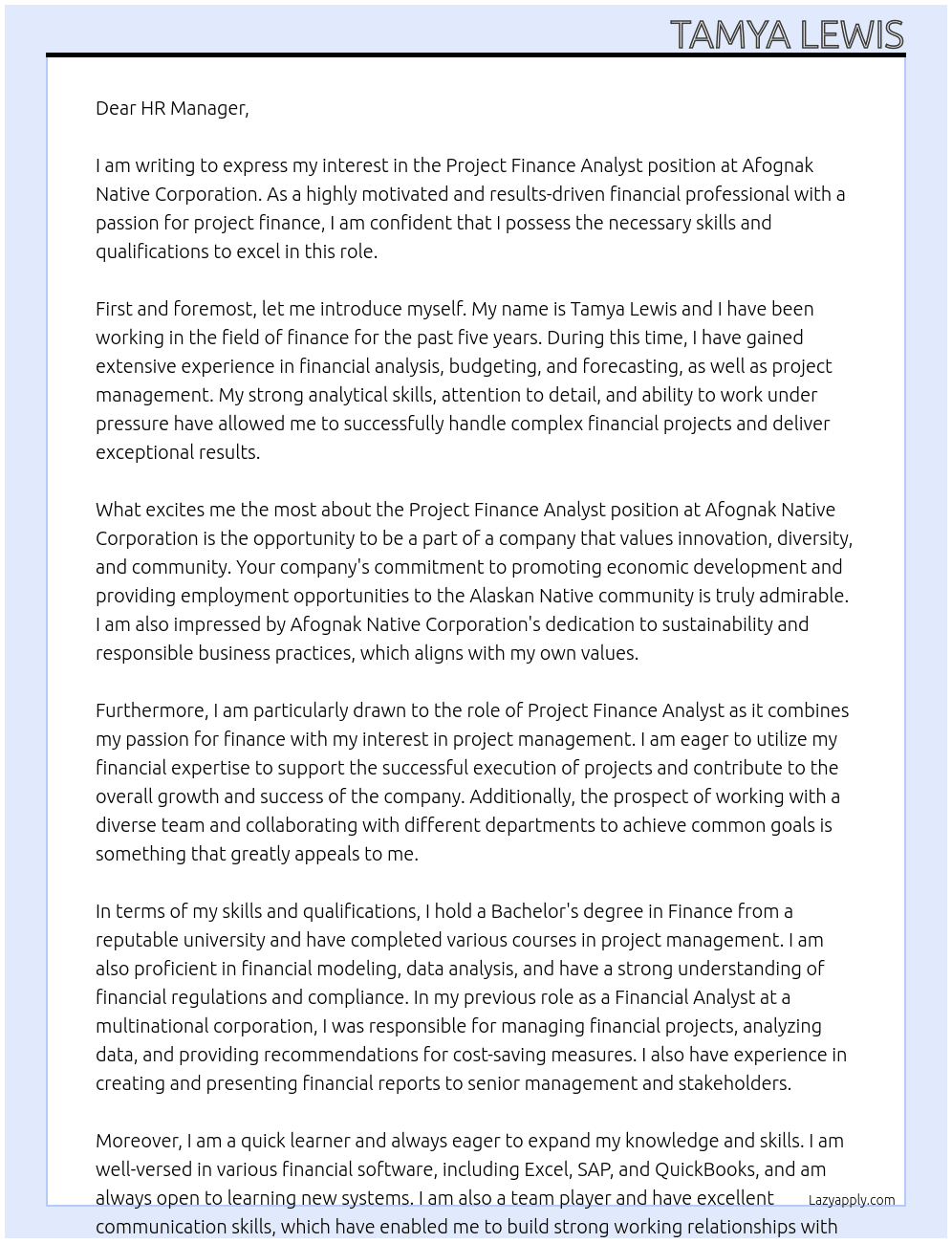 Project Finance Analyst At Afognak Native Corporation Cover Letter
