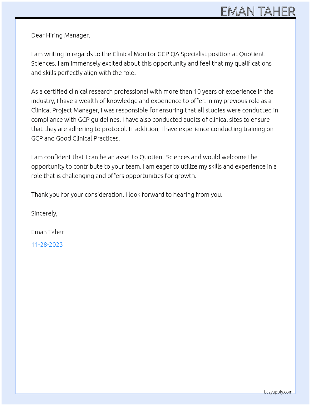 Clinical Monitor GCP QA Specialist At Quotient Sciences Cover Letter