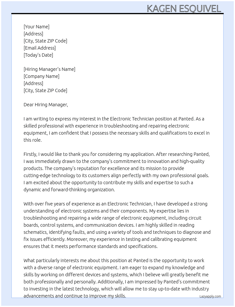 Electronic Technician At Panted  Cover Letter