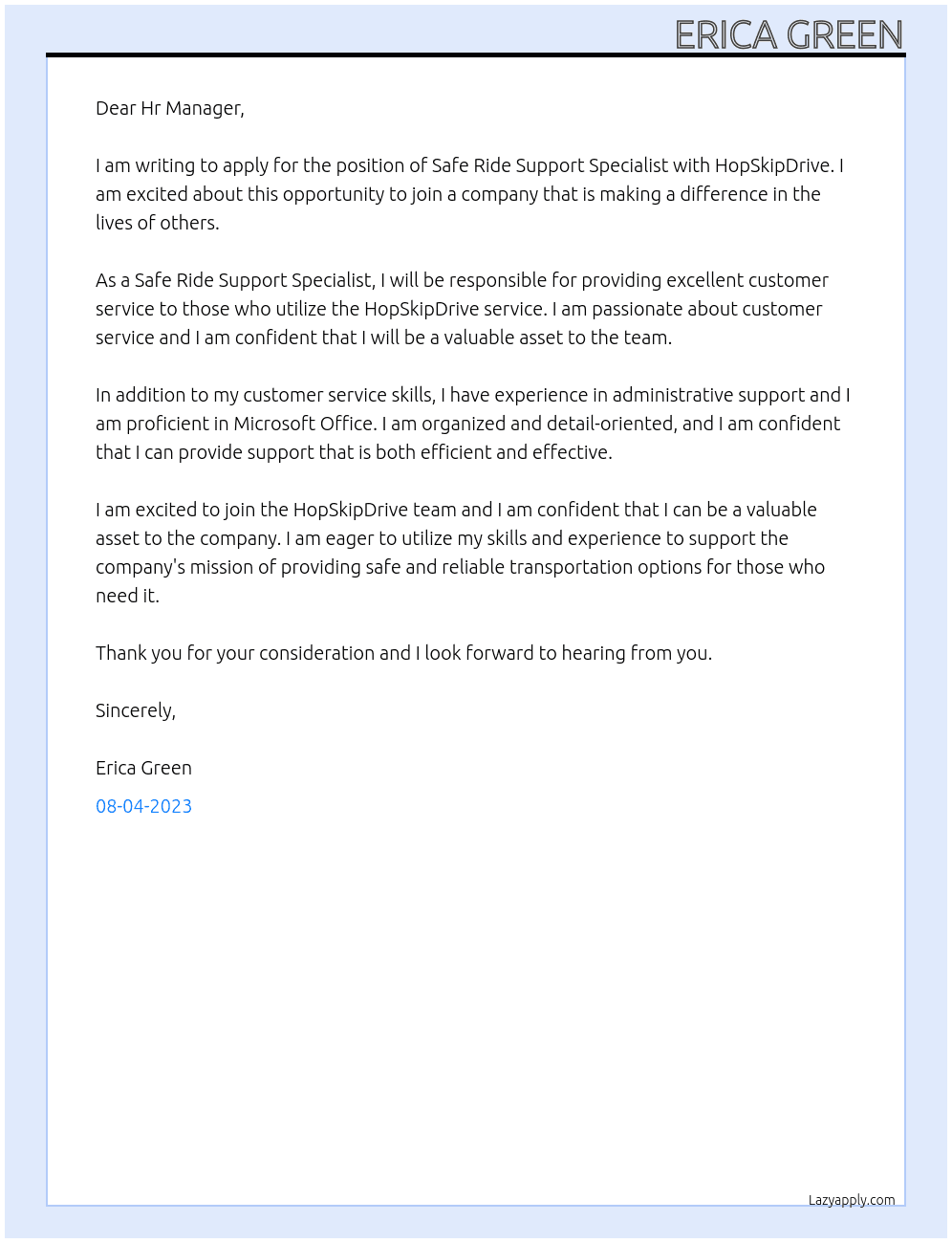 Safe Ride Support Specialist At HopSkipDrive Cover Letter