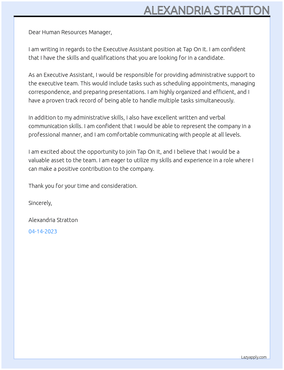 Executive Assistant At Tap On It Cover Letter