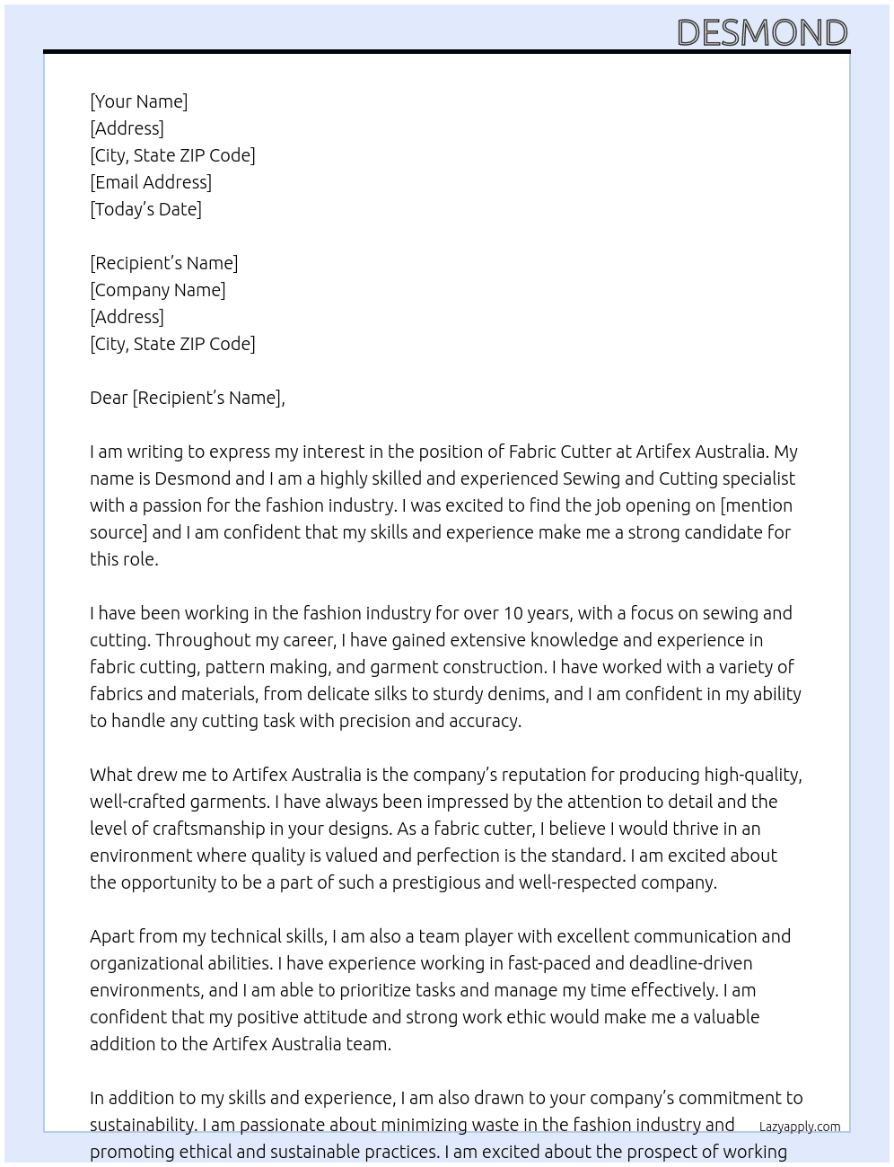 fabric cutter  At artifex Australia Cover Letter