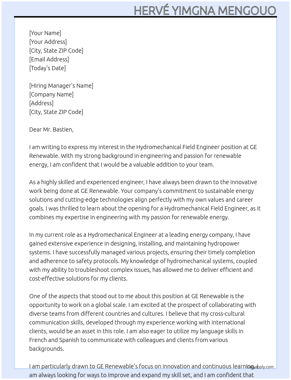 Hydromechanical Field Engineer At GE Renewable Cover Letter