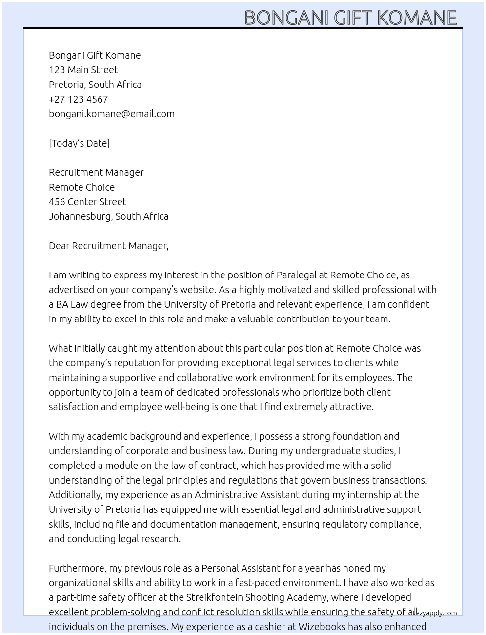 Paralegal  At Remote Choice  Cover Letter