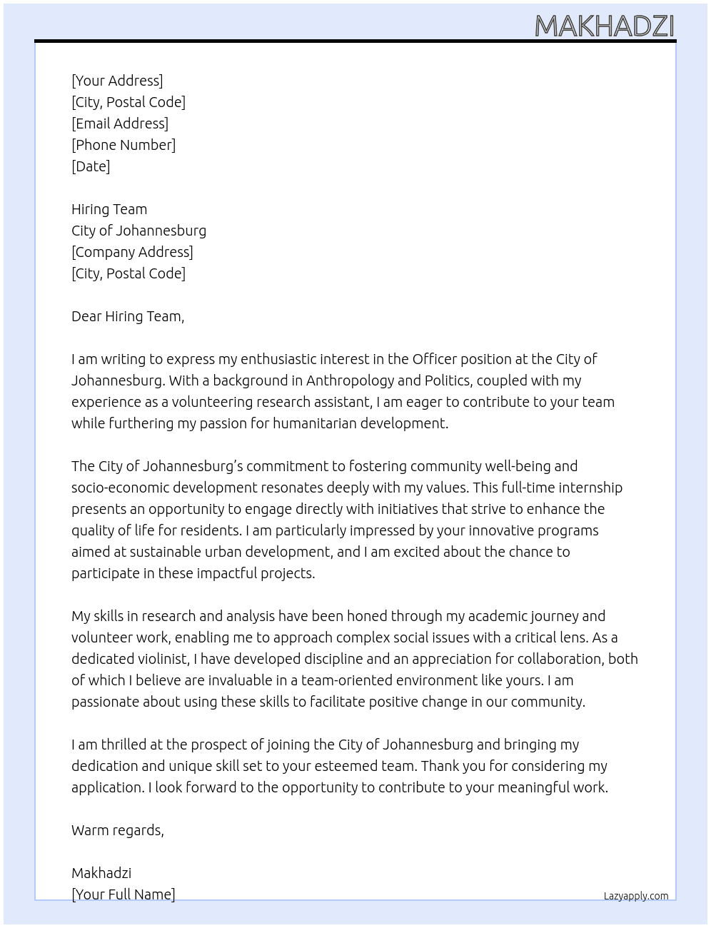 Officer  At City of Johannesburg  Cover Letter