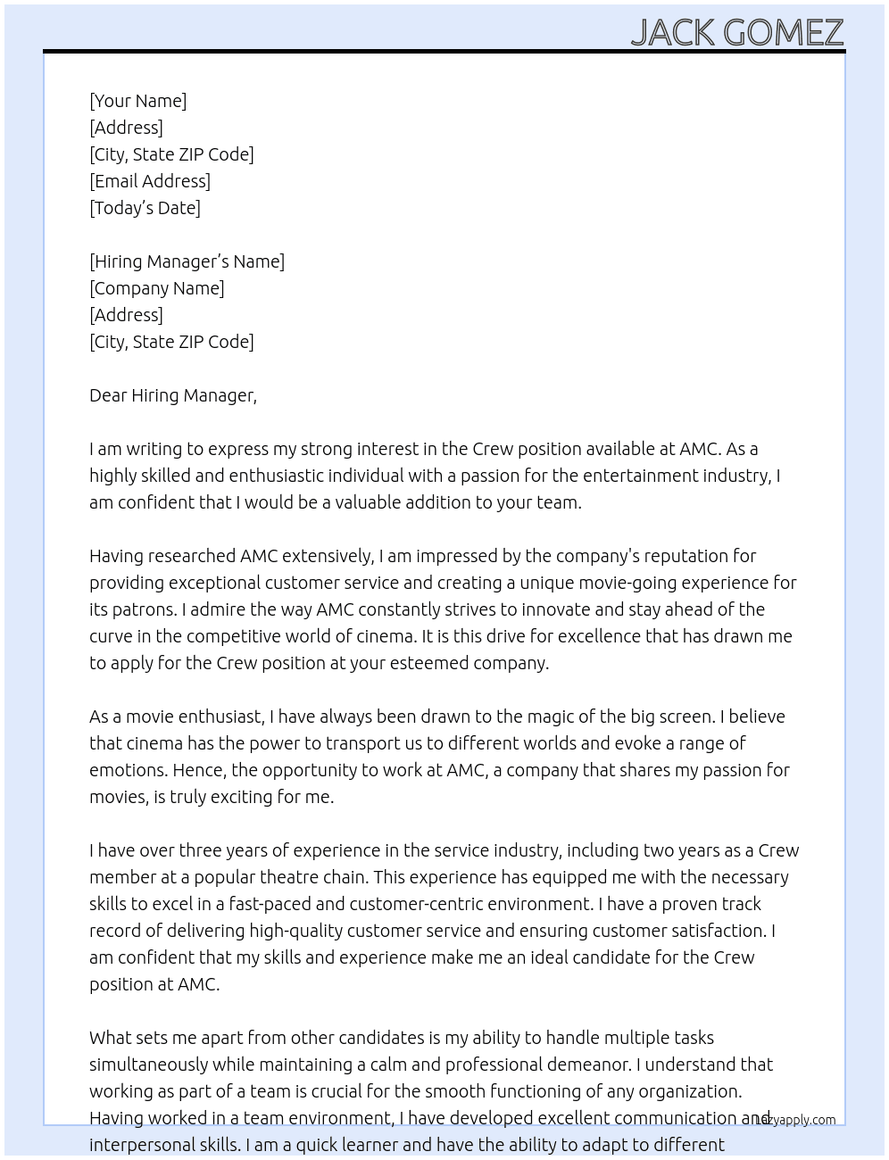 Crew  At AMC Cover Letter