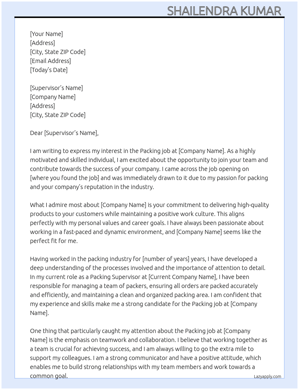 Packing job At Packing  Cover Letter