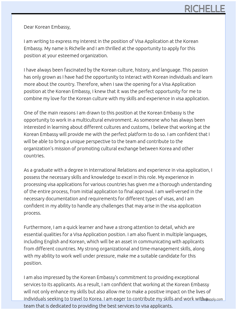 visa application At korean embassy Cover Letter