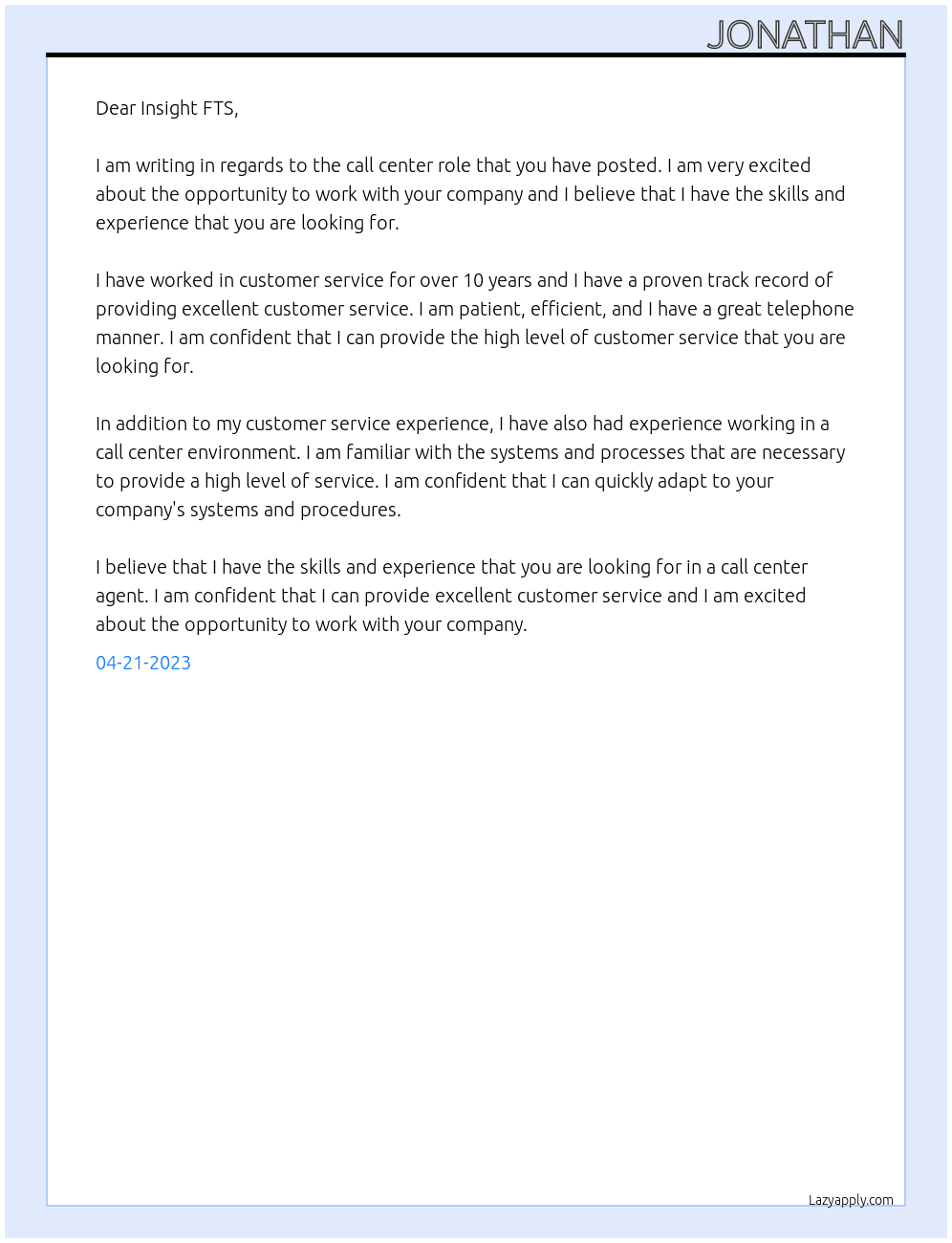 Call center role At Insight FTS Cover Letter