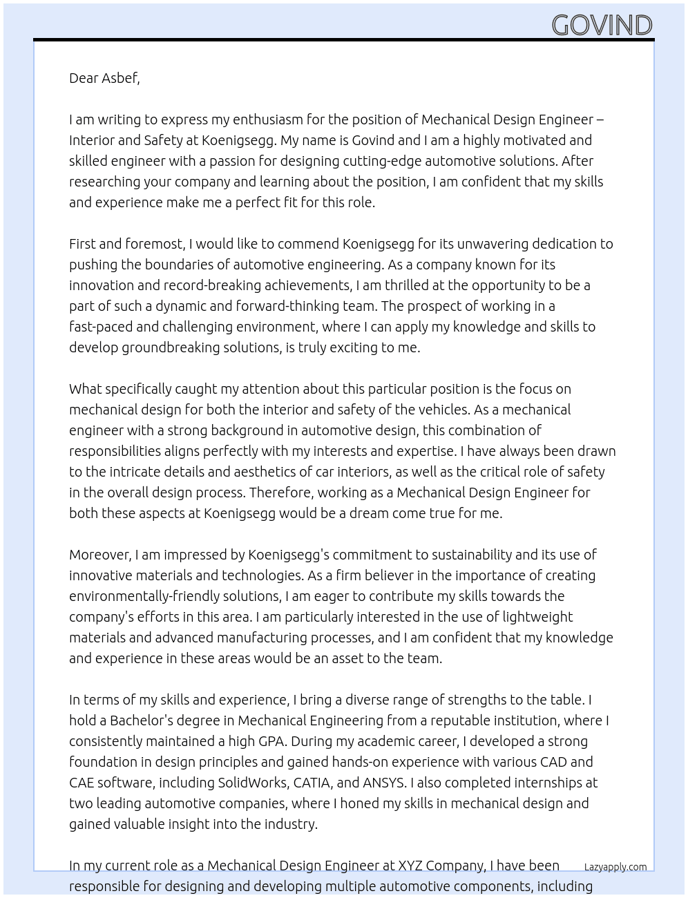 mechanical design engineer interior and safety At Koenigsegg Cover Letter