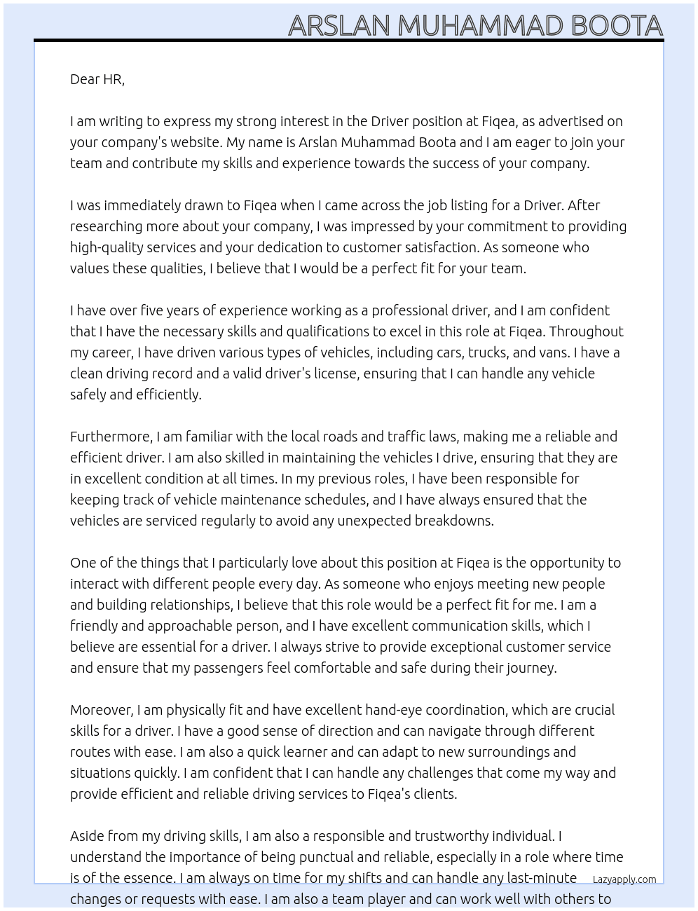 Driver  At Fiqea Cover Letter