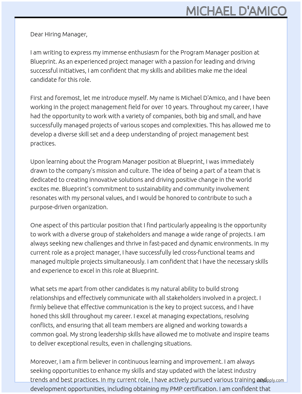 Program Manager At Blueprint Cover Letter