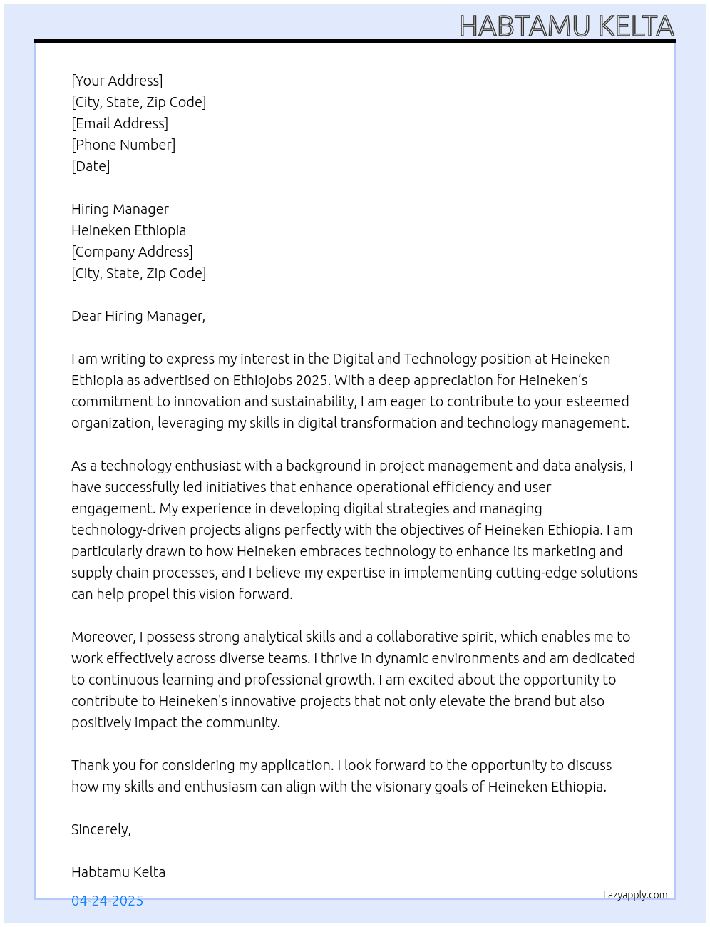 Digital and Technology Ethiojobs 2025 At Heiniken Ethiopia  Cover Letter