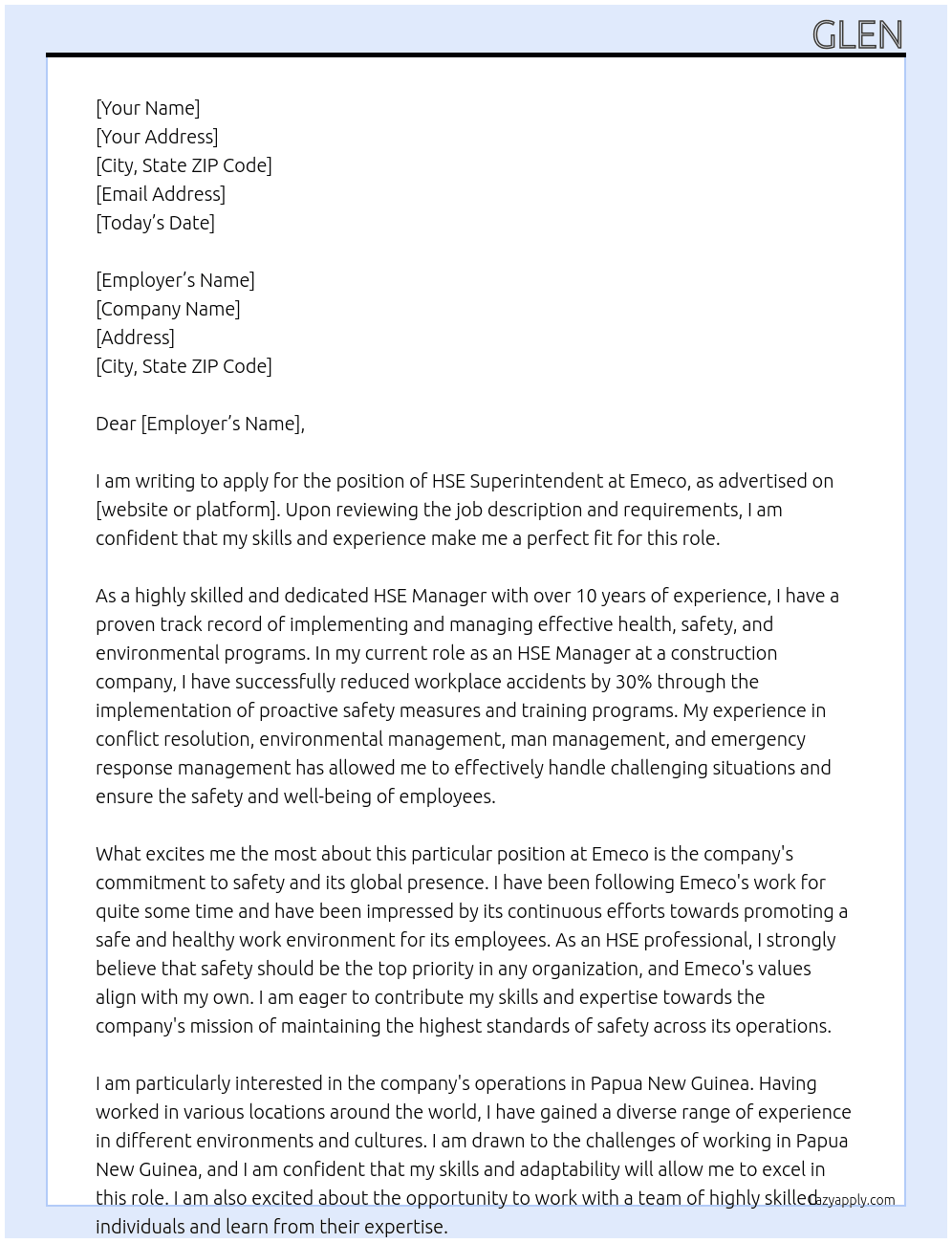 HSE Superintendent At Emeco Cover Letter