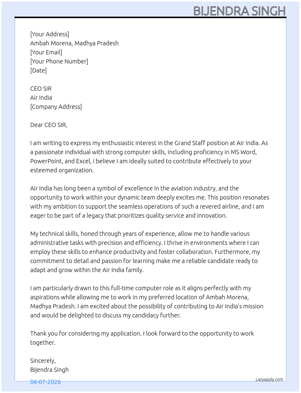 Grand Staff At Air India Cover Letter