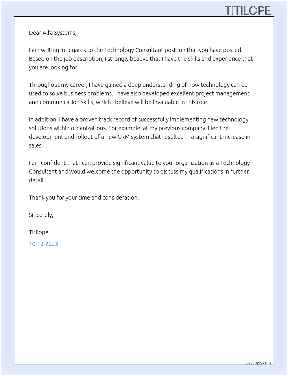 Technology Consultant  At Alfa Systems  Cover Letter