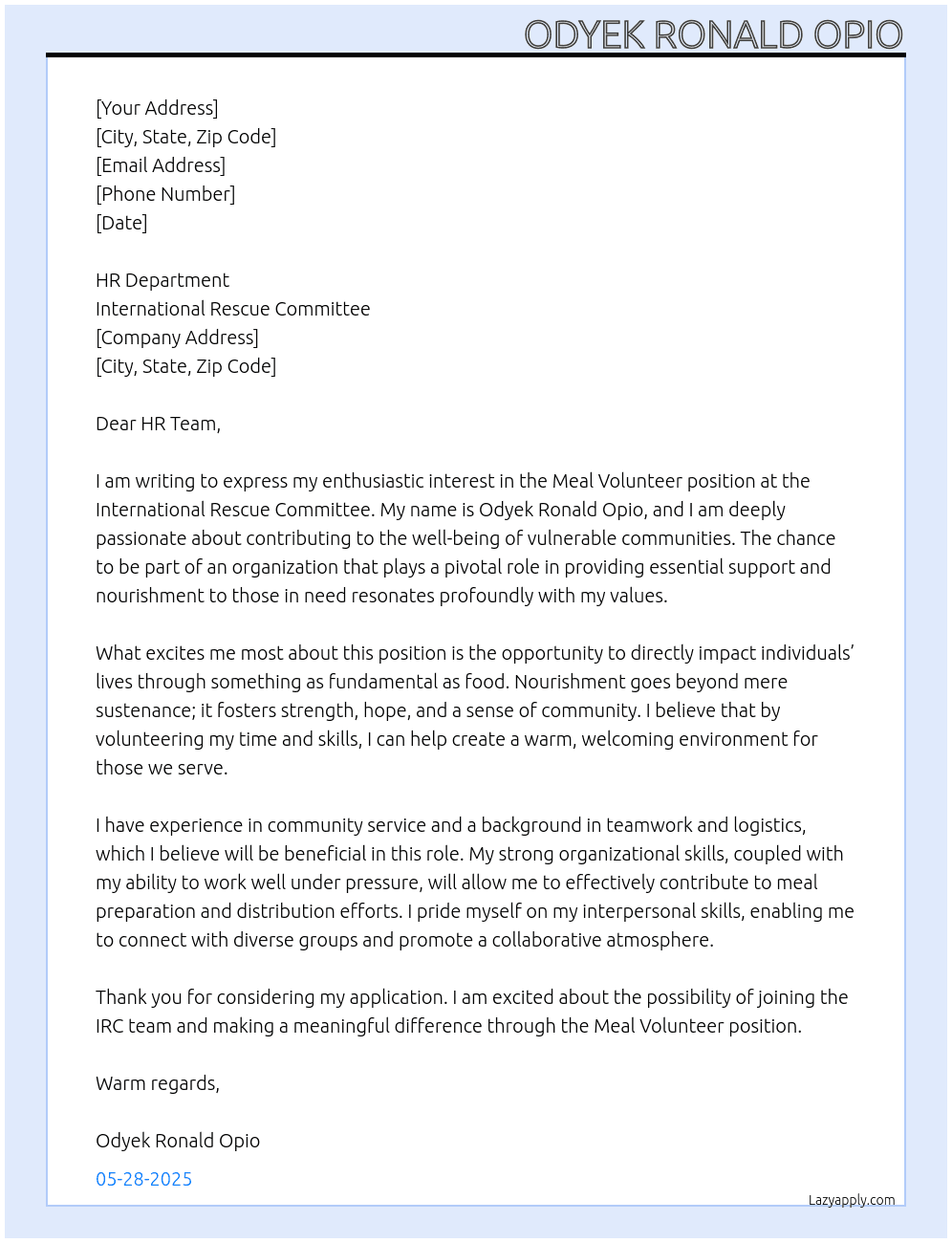 Meal volunteer At International rescue committee Cover Letter