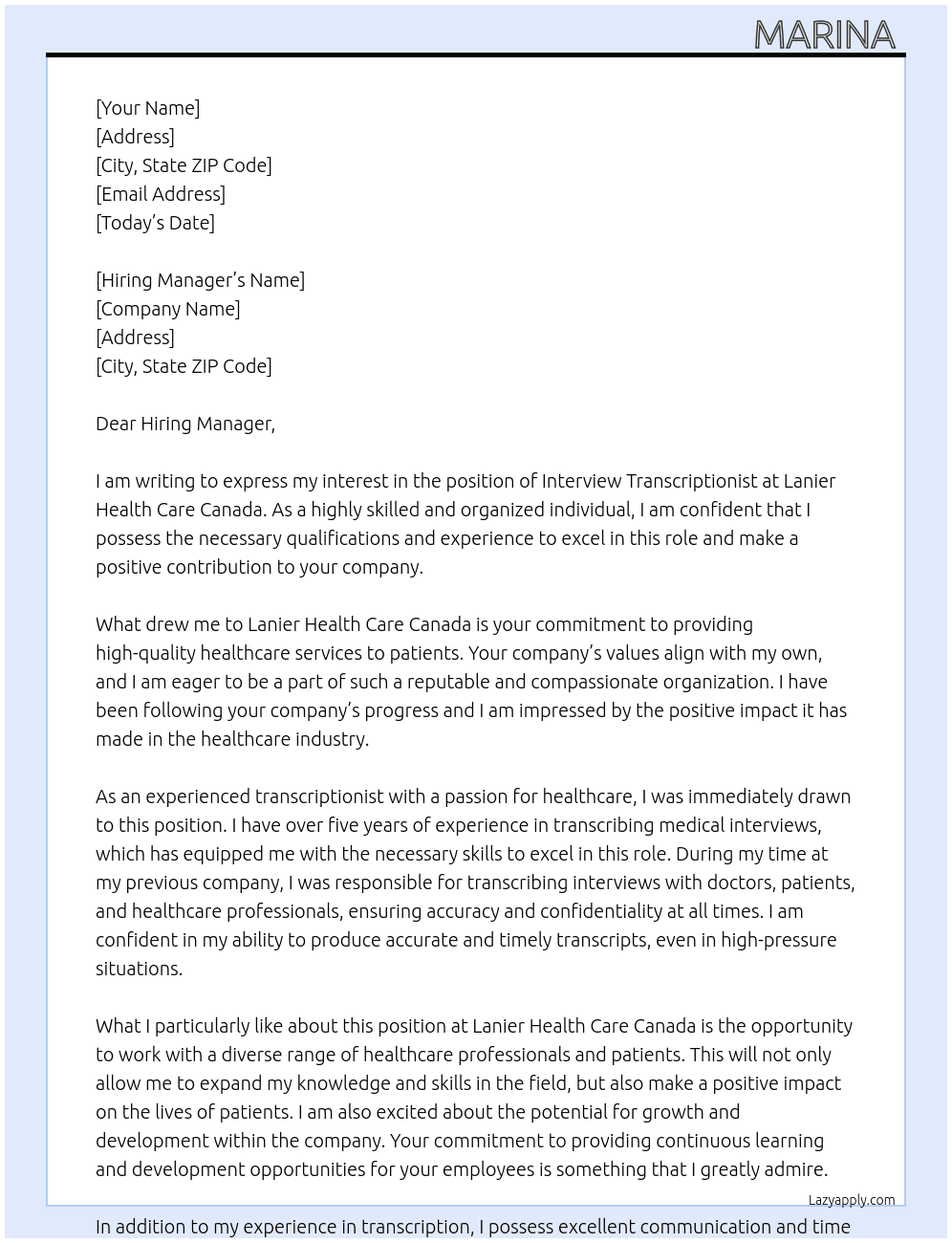 Interview Transcriptionist  At Lanier Health Care Canada  Cover Letter