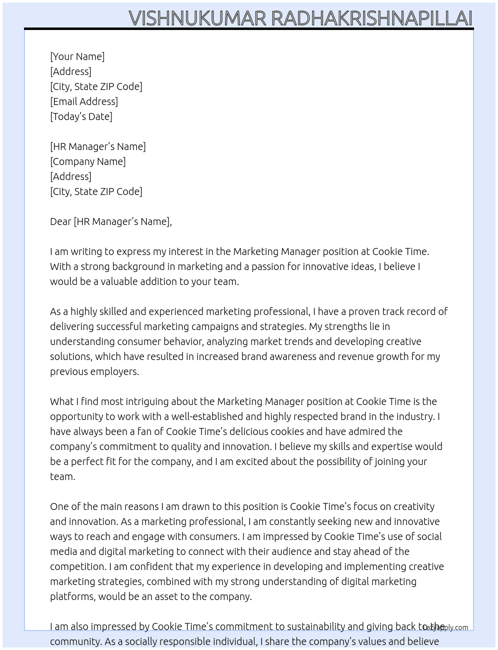 marketing manager  At Cookie Time Cover Letter