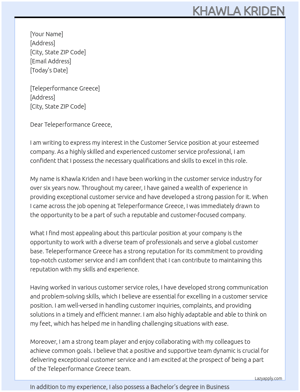 costumer service At teleperformance greece Cover Letter