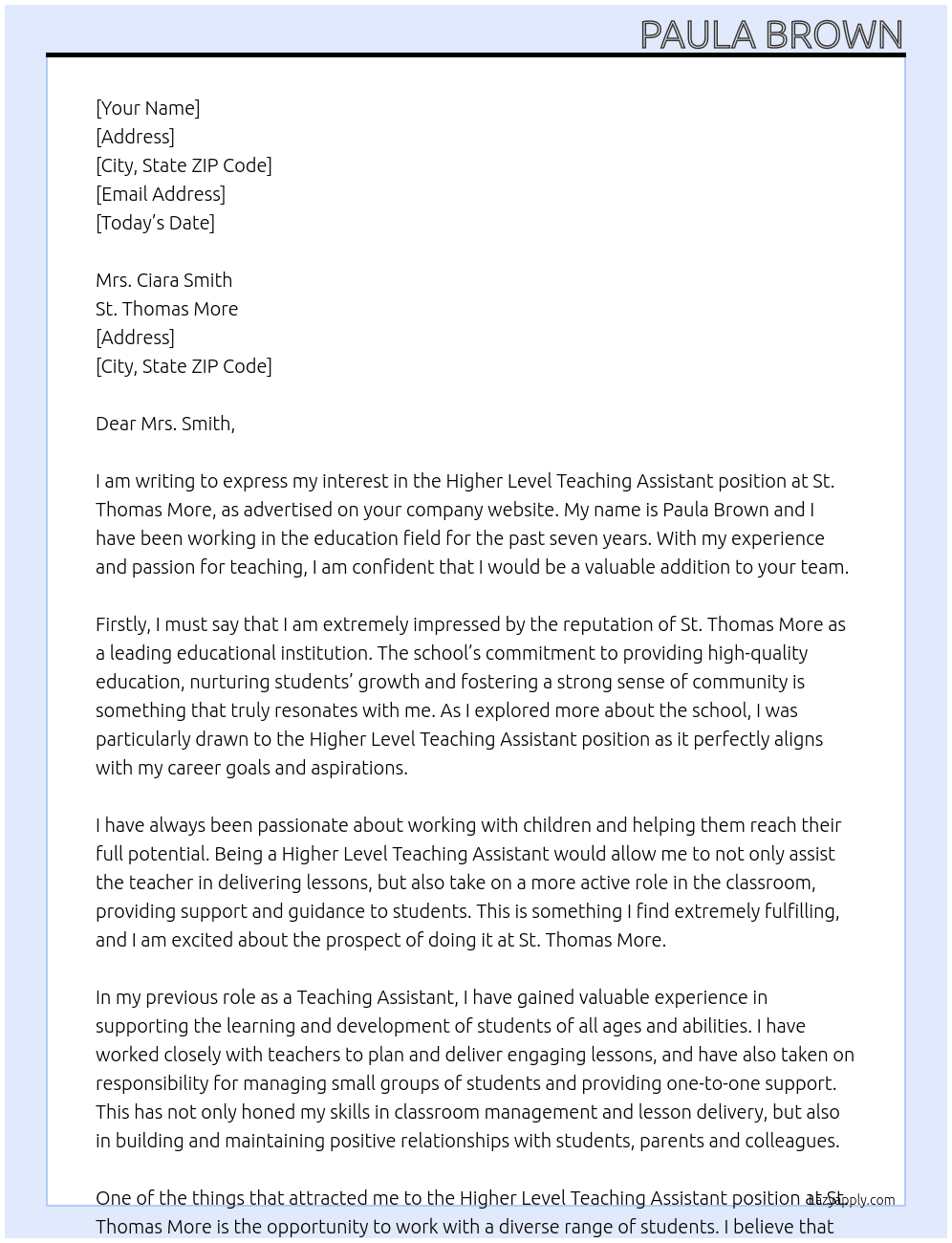 Higher Level teaching Assistant At St Thomas More Cover Letter