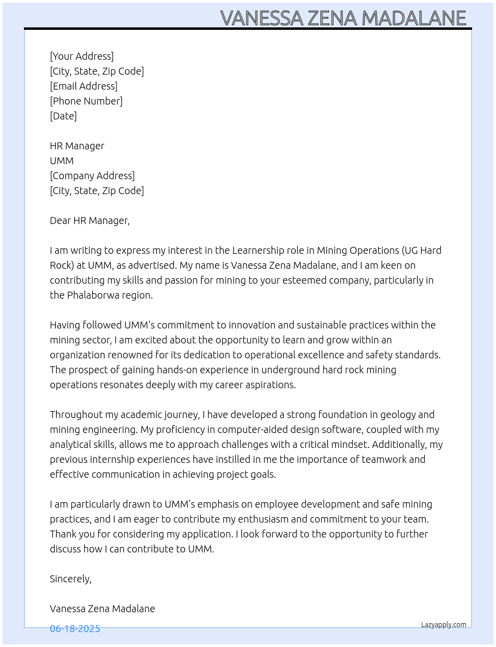 Cover letter for mining operations ug hard rock - LazyApply