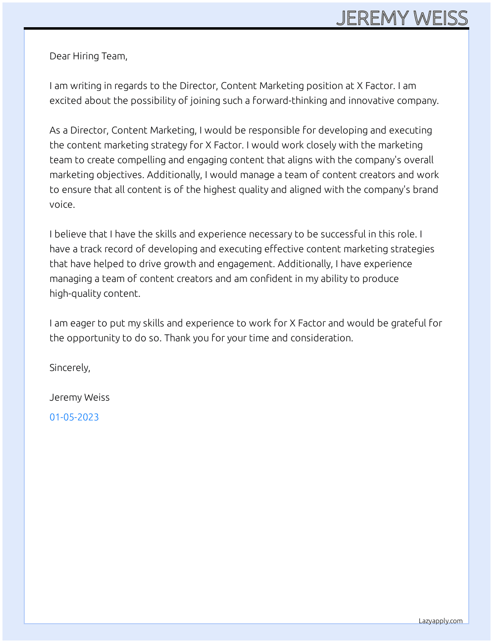 Director, Content Marketing At X Factor Cover Letter
